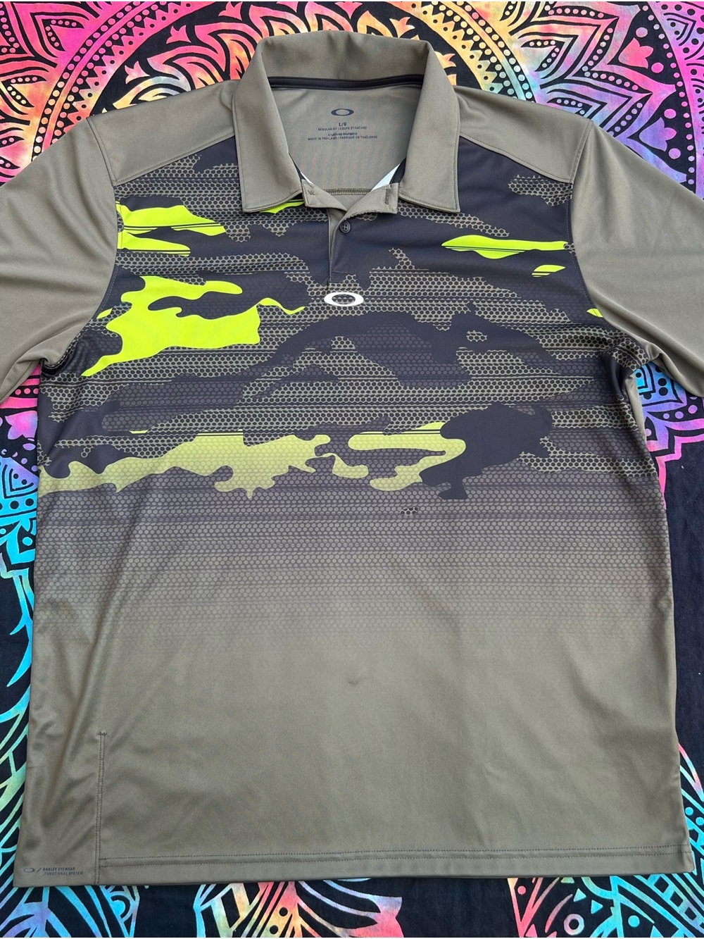 Oakley Olive Green Polo with Neon Yellow Camo Accents
